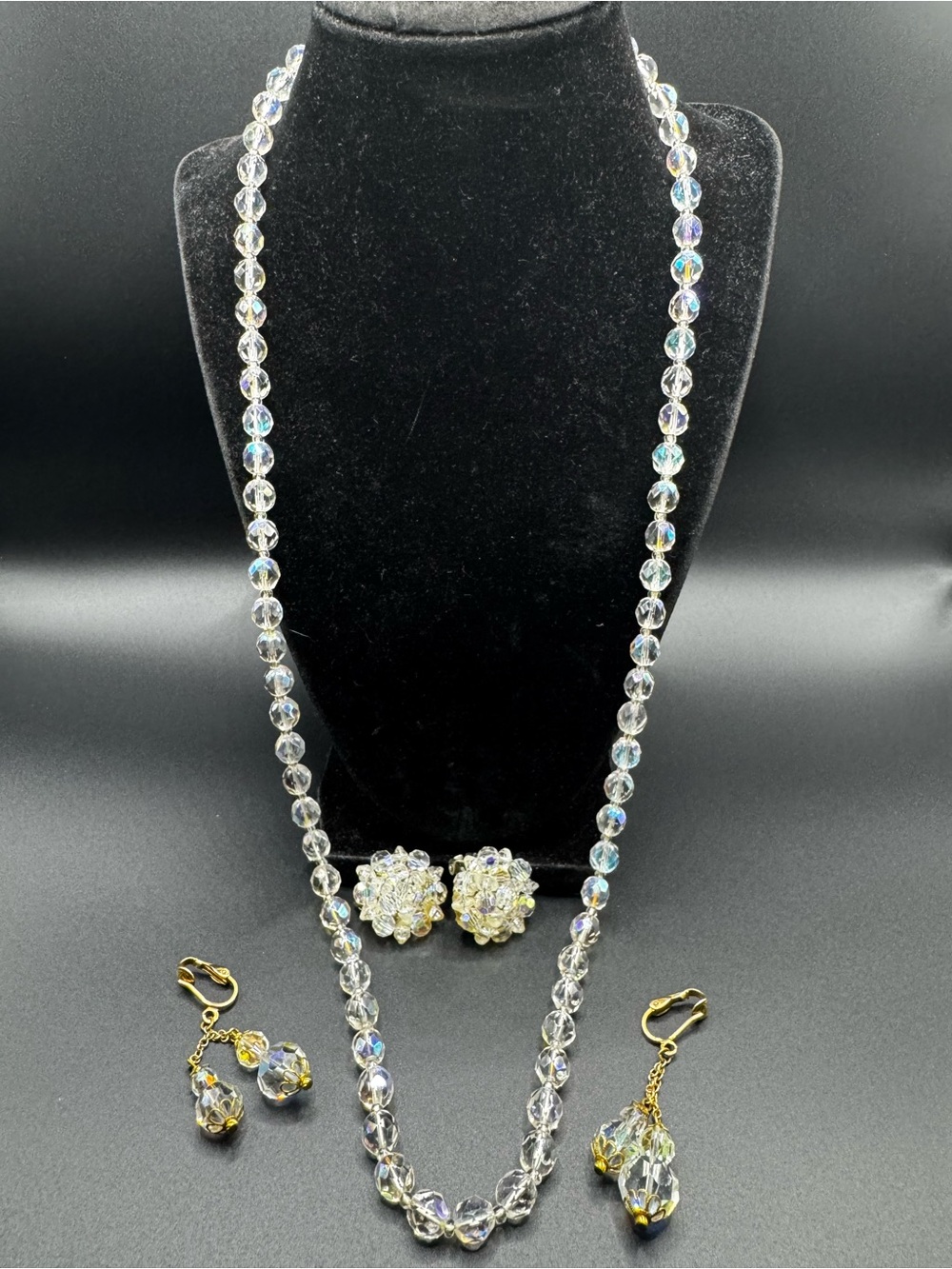 Vintage Crystal Aurora Borealis Beaded Necklace & Earring Set - Clear